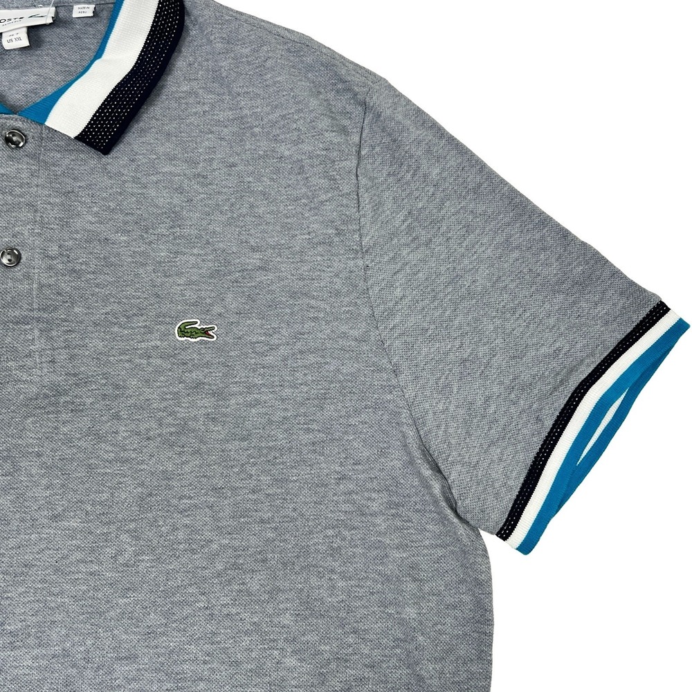 Lacoste Matte Piping Slim Fit Petit Pique Polo Shirt Grey/Blue 7/XXL - Picture 4 of 11